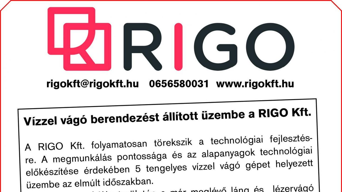 Vízzel vágó berendezést állított üzembe a RIGO Kft.