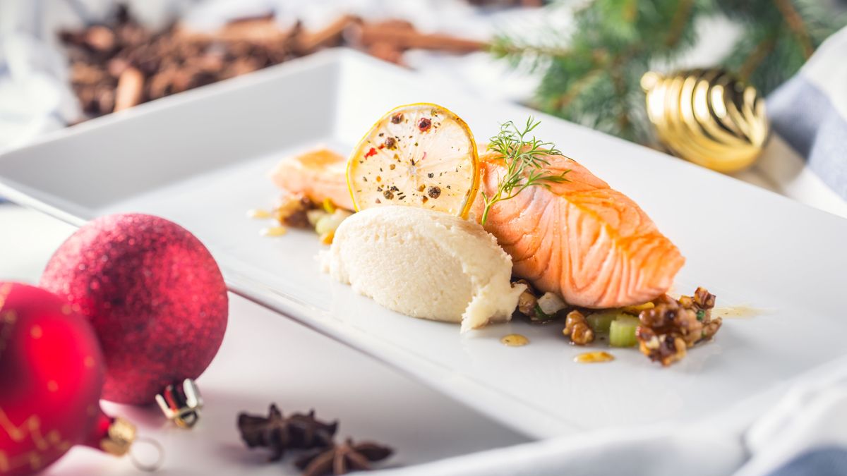 Christmas,Food,With,Salmon,Fillet,And,Decoration,Home,Hotel,Or