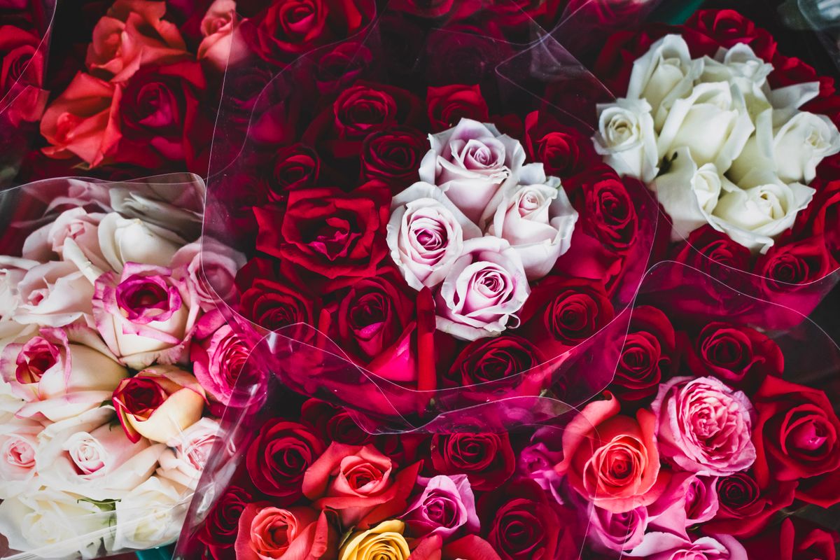Close-up of Roses Bouquets in Flower Market