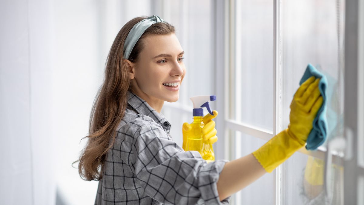 Portrait,Of,Young,Pretty,Lady,In,Rubber,Gloves,Cleaning,Window
