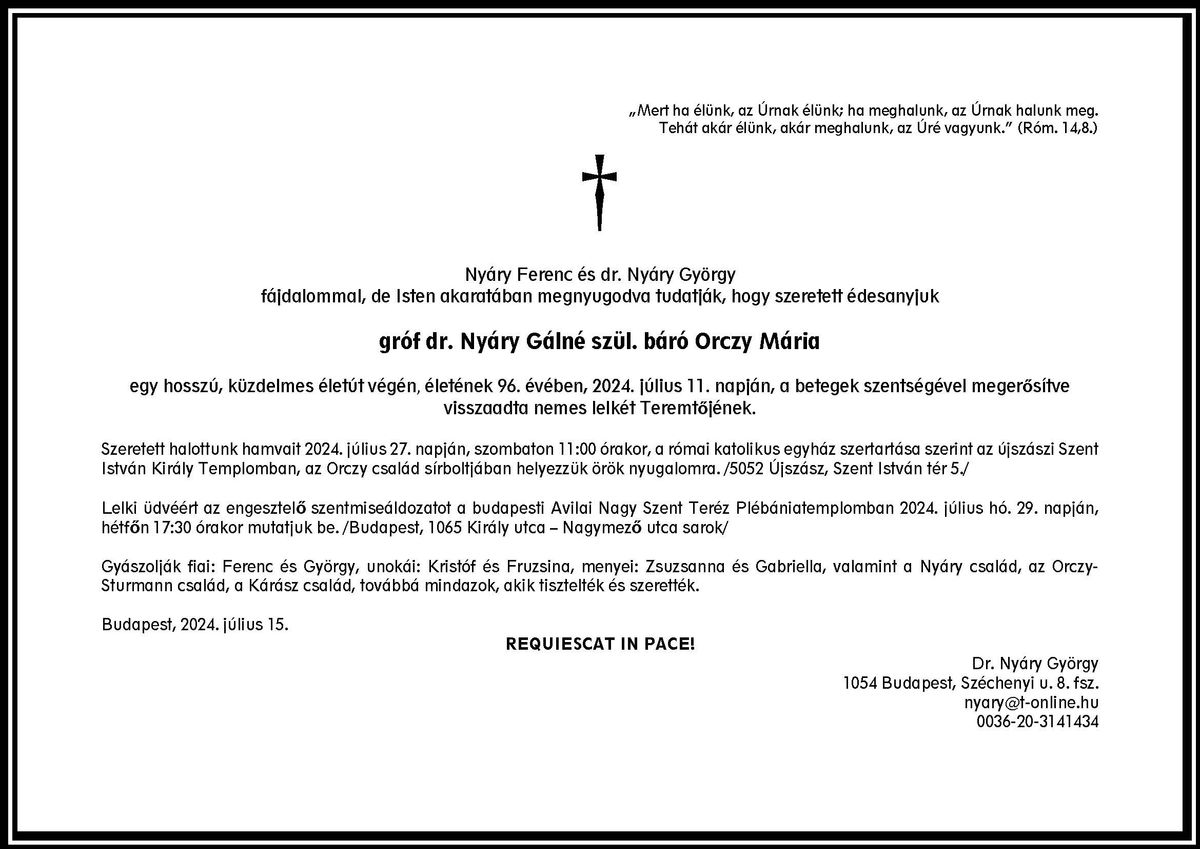 Dr. Nyáry Gálné báró Orczy Mária