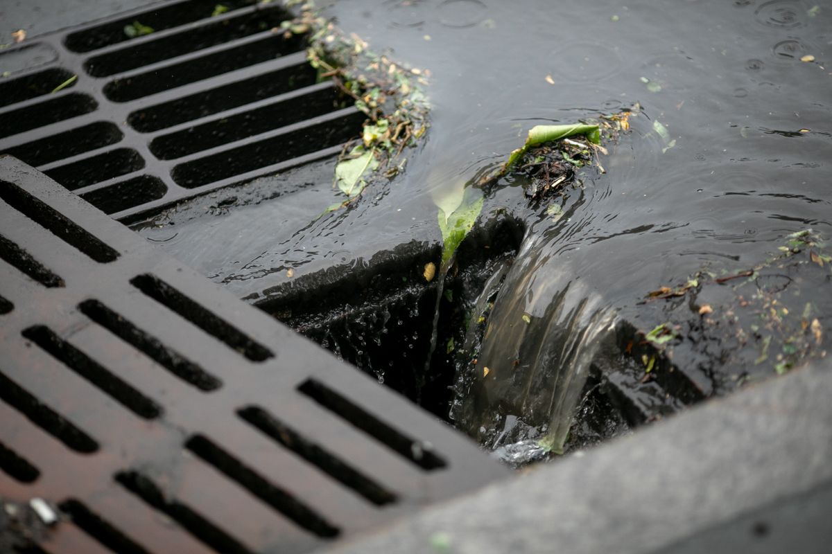 Rainwater,Is,Drained,Into,An,Open,Storm,System.,Close-up.