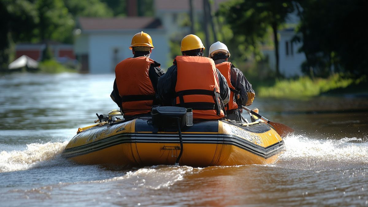 Rescue,Team,Navigating,A,Flooded,Residential,Street,In,An,Inflatable