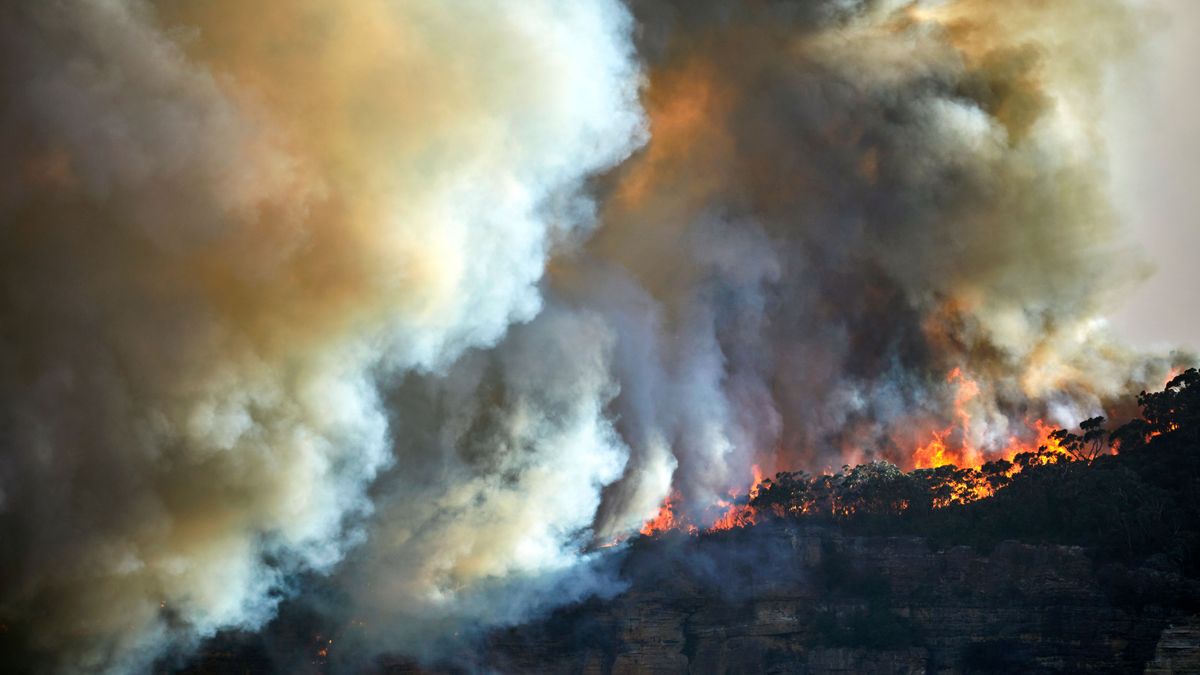 Forest fire, bushfire with flames and sun illuminated smoke clouds at dusk on mountain ridge, Blue Mountains, Australia