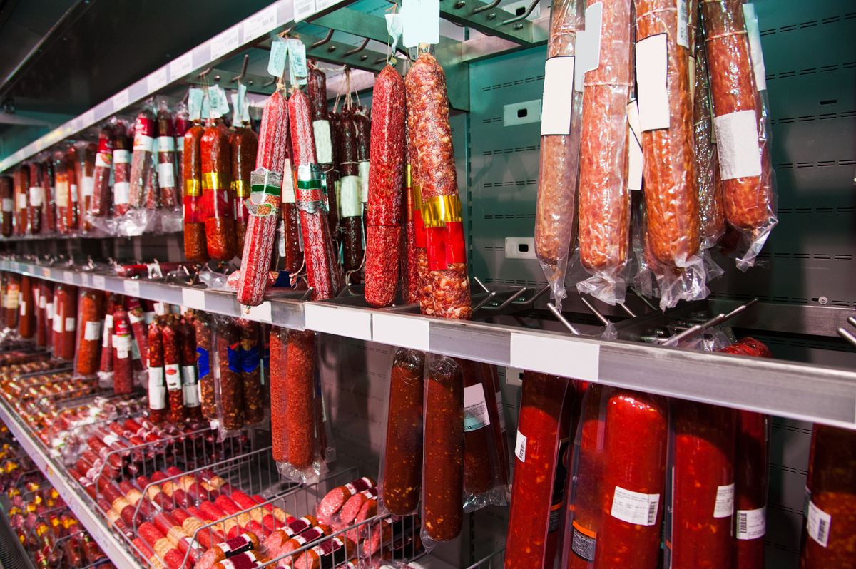 Sausages in a butcher shop window